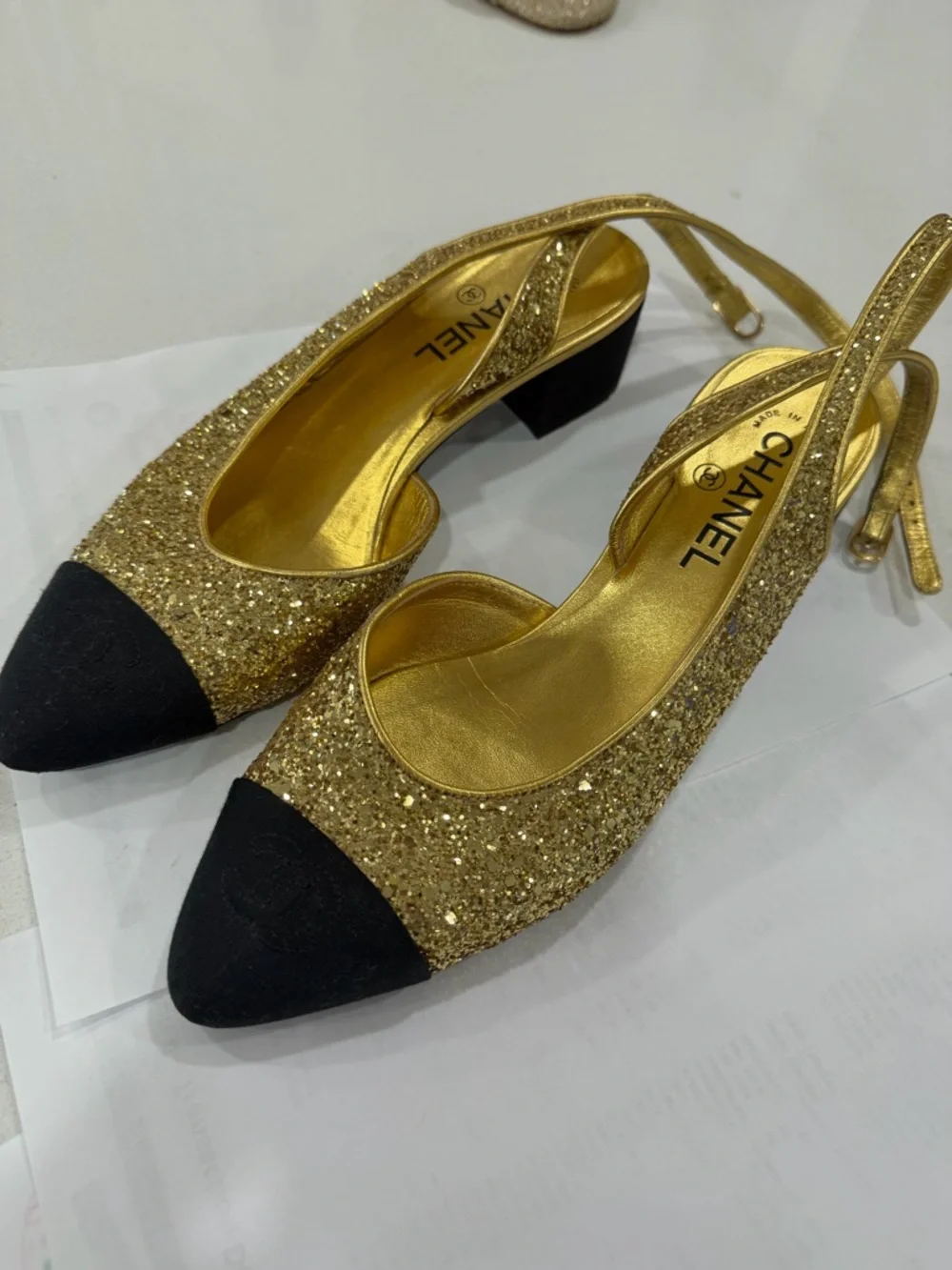 CHANEL Gold Glitter Slingback Pumps with Black Cap Toe - Picture 3 of 7